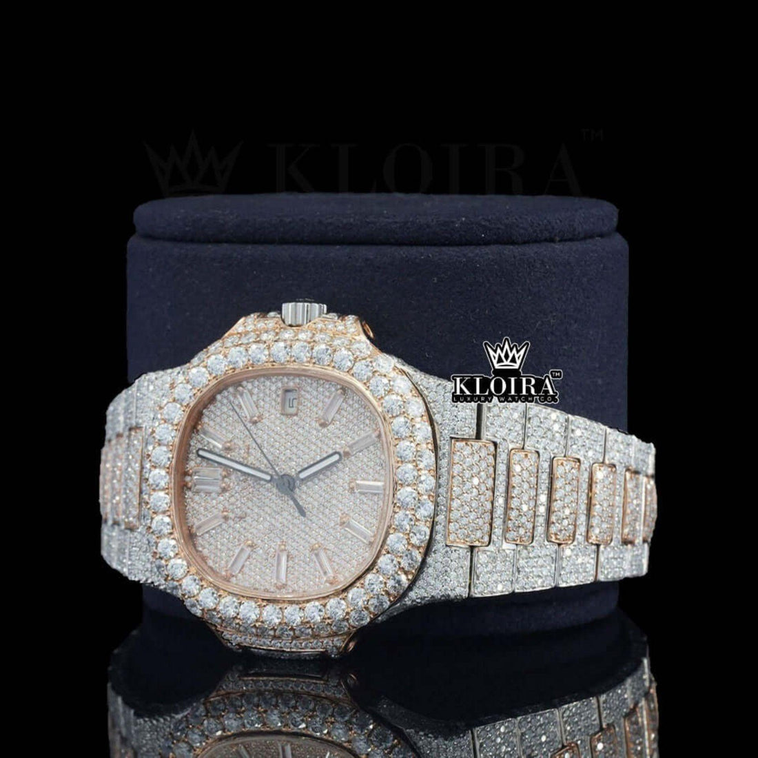 Rose Gold Dial Diamond Markers Two Tone Iced Out Moissanite Watch Front View
