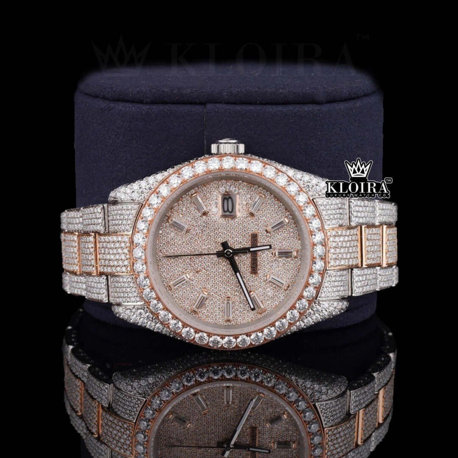 Rose Gold Dial Diamond Stick Markers Two Tone Moissanite Diamond Watch Front Vew