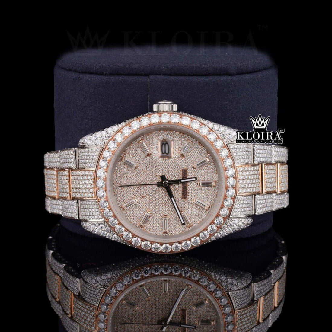 Rose Gold Dial Diamond Stick Markers Two Tone Moissanite Diamond Watch Front Vew