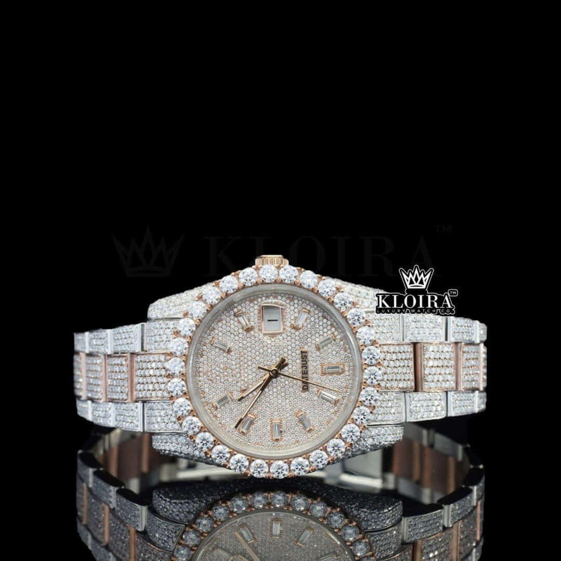 Rose Gold Dial Diamond Stick Markers Two Tone Moissanite Watch Front View