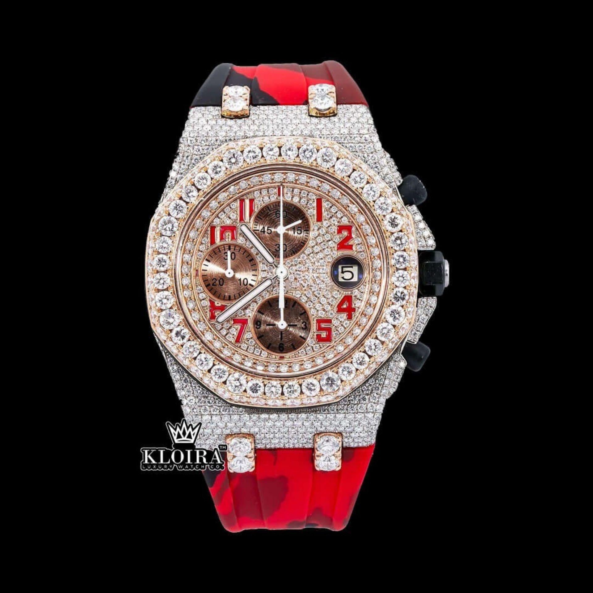 Rose Gold Dial Iced Out Moissanite Diamond Watch with Red Camo Strap Front View