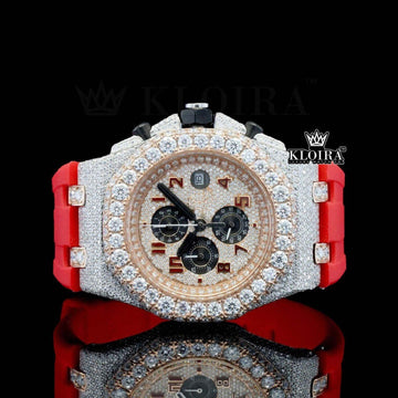 Rose Gold Dial Red Rubber Strap Moissanite Diamond Watch 14K Gold 42mm Front View