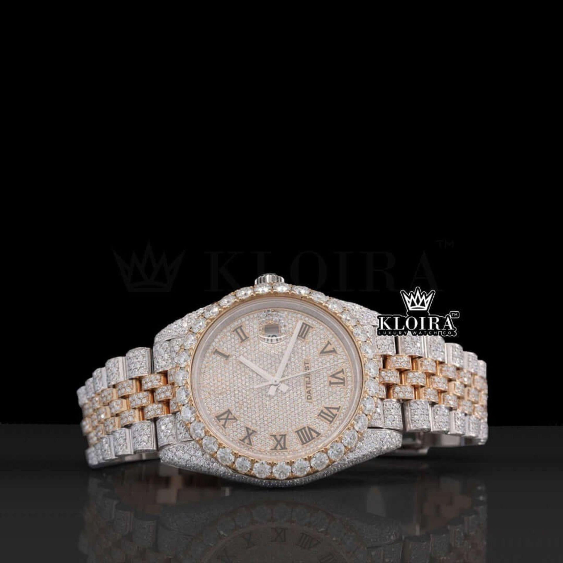 Rose Gold Dial Roman Numerals Two Tone Moissanite Diamond Watch Front View