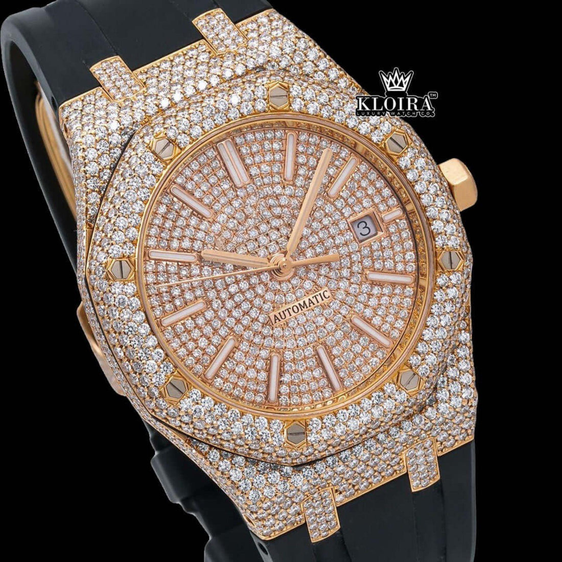 Rose Gold Dial Stick Markers Rubber Strap Fully Iced Out Moissanite Watch Front View