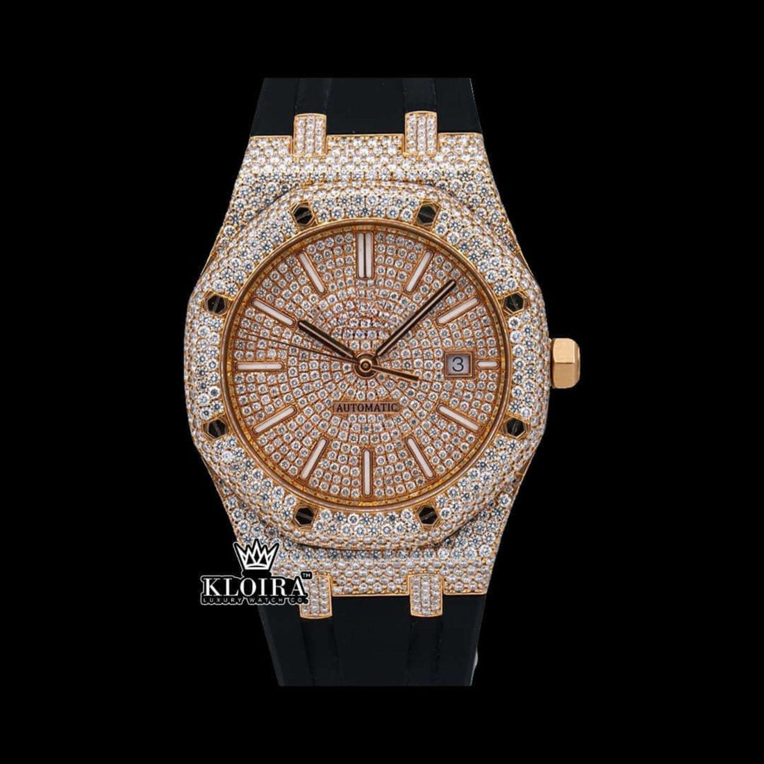 Rose Gold Dial Stick Markers Rubber Strap Fully Iced Out Moissanite Watch Front View