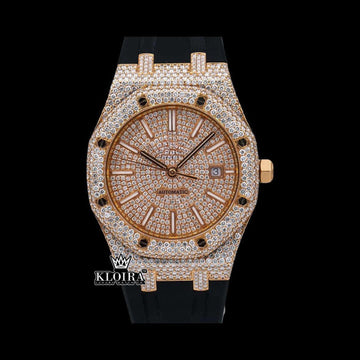 Rose Gold Dial Stick Markers Rubber Strap Fully Iced Out Moissanite Watch Front View
