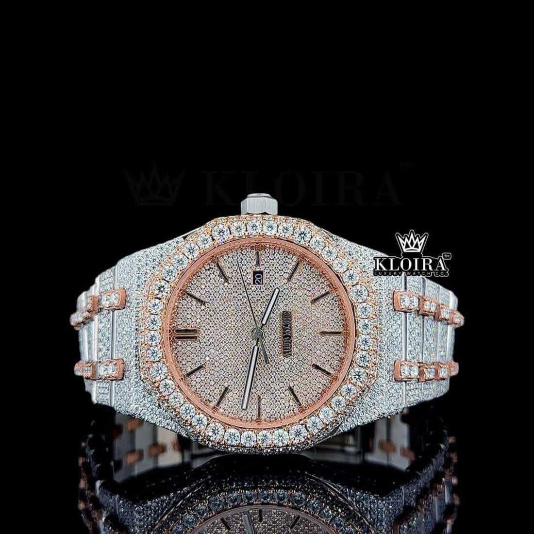 Rose Gold Dial Stick Markers Two Tone Fully Iced Out Moissanite Watch Front View