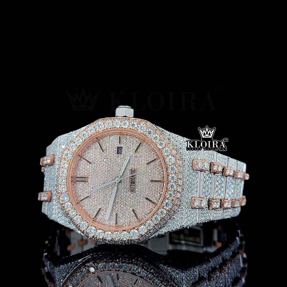 Rose Gold Dial Stick Markers Two Tone Fully Iced Out Moissanite Watch Front View