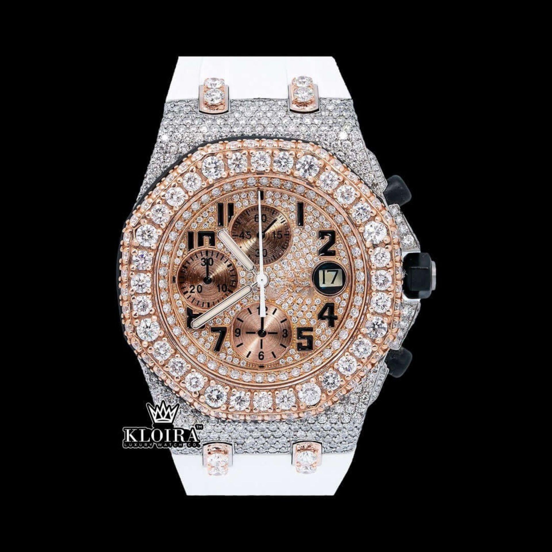 Rose Gold Dial White Rubber Strap Moissanite Diamond Watch Front View