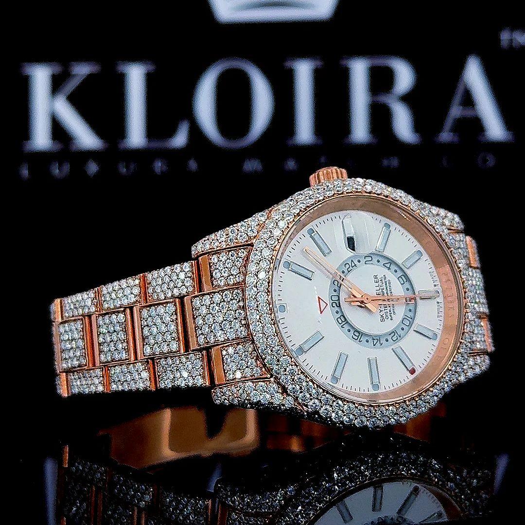 Rose Gold Dual Time White Dial Stick Markers Fully Iced Out Moissanite Watch Font  Close View