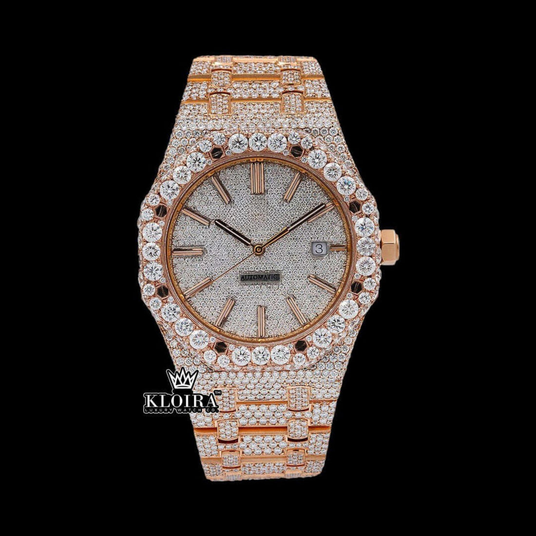 Rose Gold Fully Iced Out Moissanite Diamond Watch 14K Gold VVS 42mm Front View
