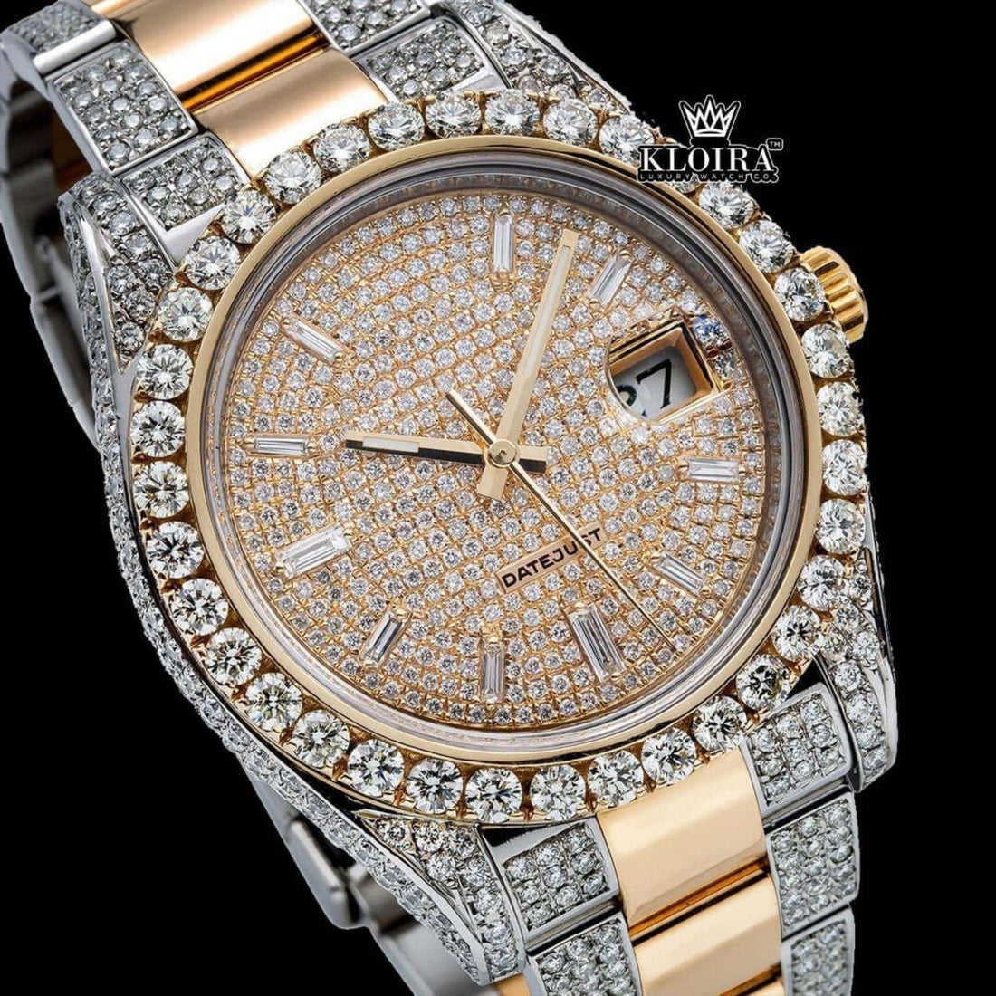 Rose Gold Moissanite Two Tone Watch 14K Gold VVS 20 Carat 42mm Front View