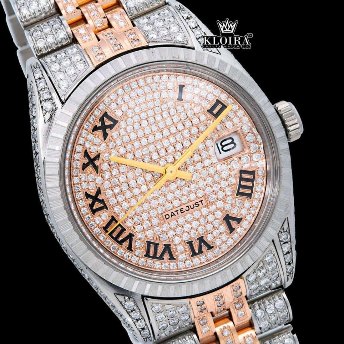 Rose Gold Oyster Rolex Inspired Two Tone Moissanite Watch 14K Gold VVS 18 Carat Front View
