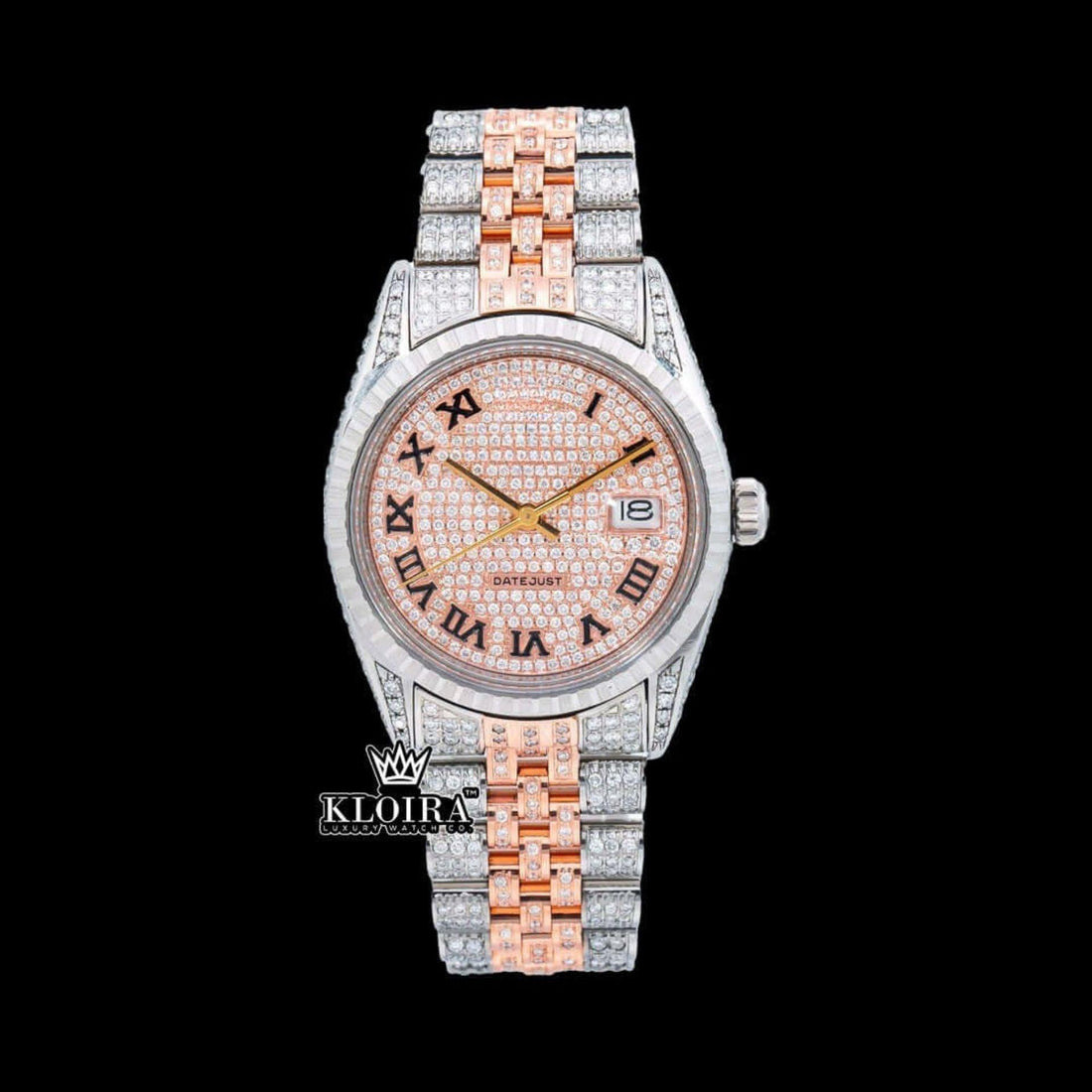 Rose Gold Oyster Rolex Inspired Two Tone Moissanite Watch 14K Gold VVS 18 Carat Front View