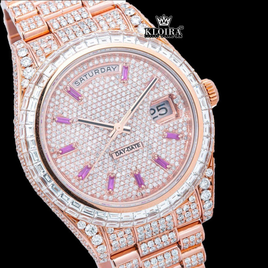 Rose Gold Rolex Inspired Day Date Purple Markers Moissanite Watch 14K Gold 42mm Front View