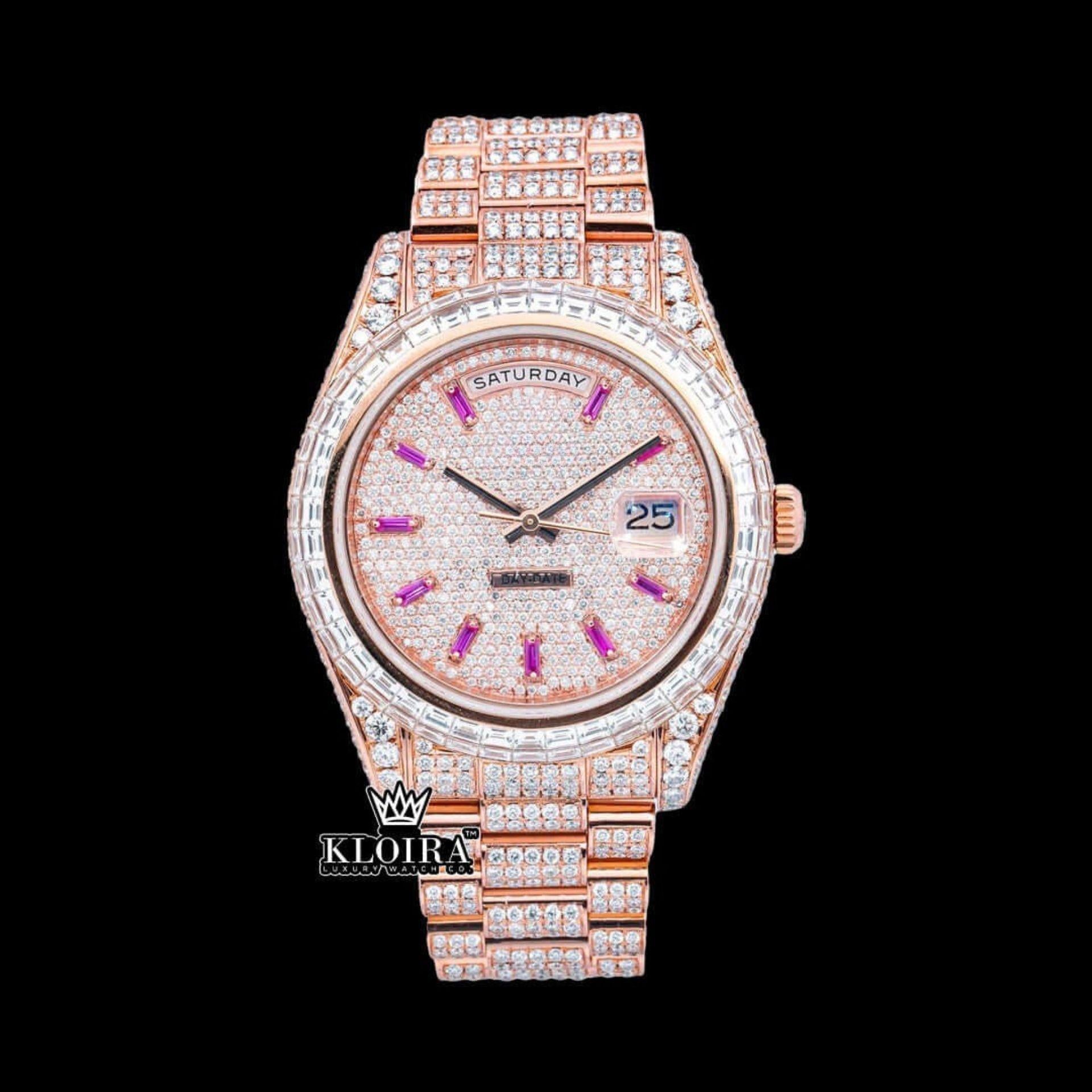 Rose Gold Rolex Inspired Day Date Purple Markers Moissanite Watch 14K Gold 42mm Front View