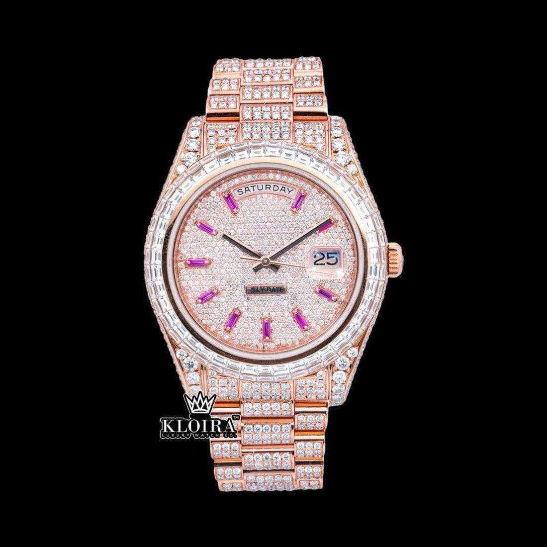 Rose Gold Rolex Inspired Day Date Purple Markers Moissanite Watch 14K Gold 42mm Front View