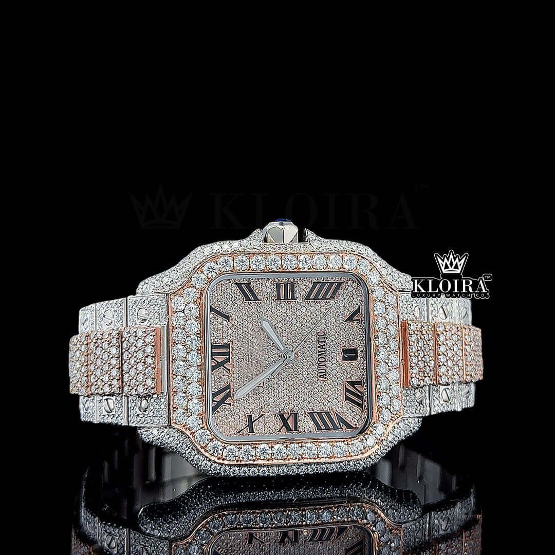 Rose Gold Roman Dial Two Tone Block Link Strap Moissanite Watch Front View
