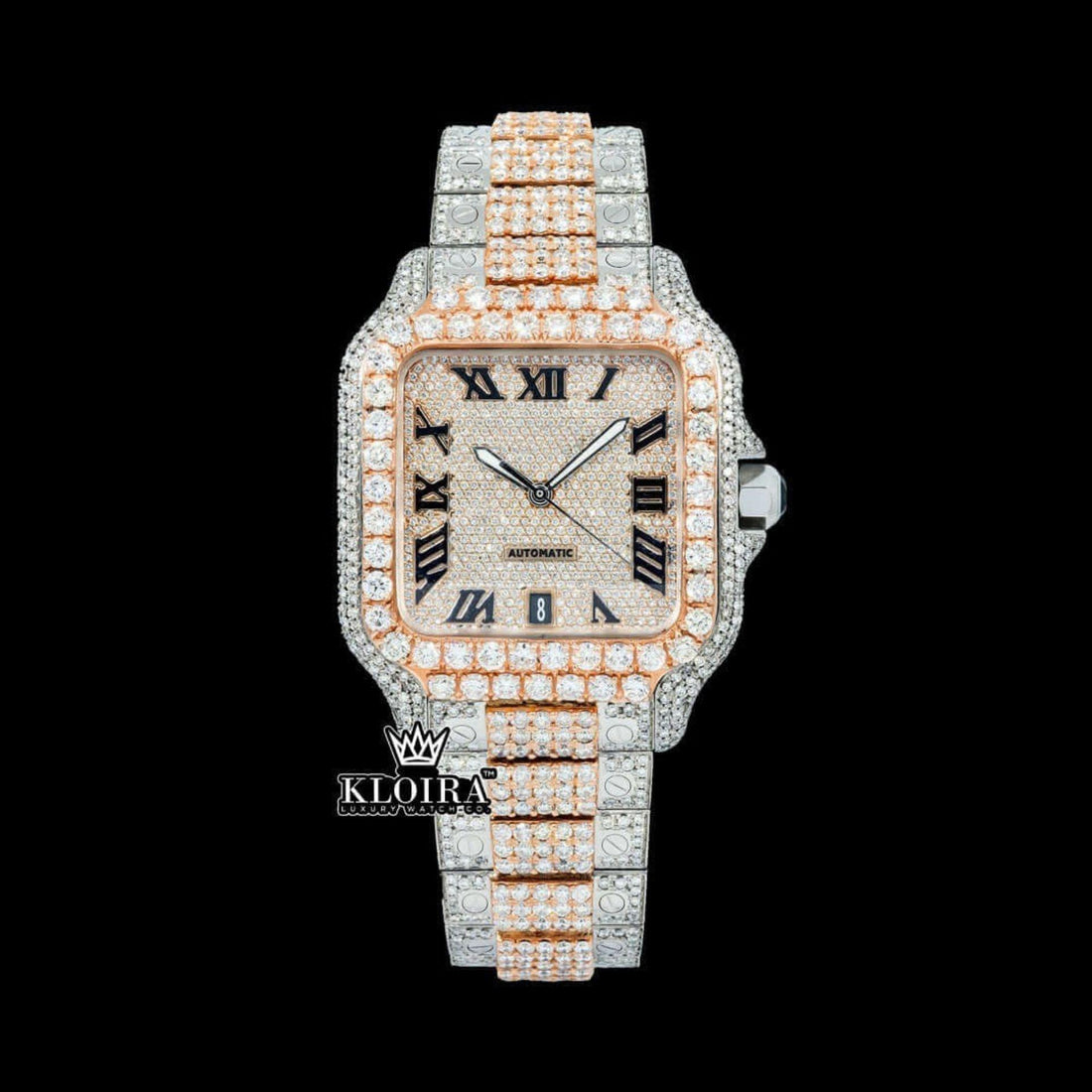 Rose Gold Roman Dial Two Tone Diamond Block Link Strap Moissanite Watch Front View