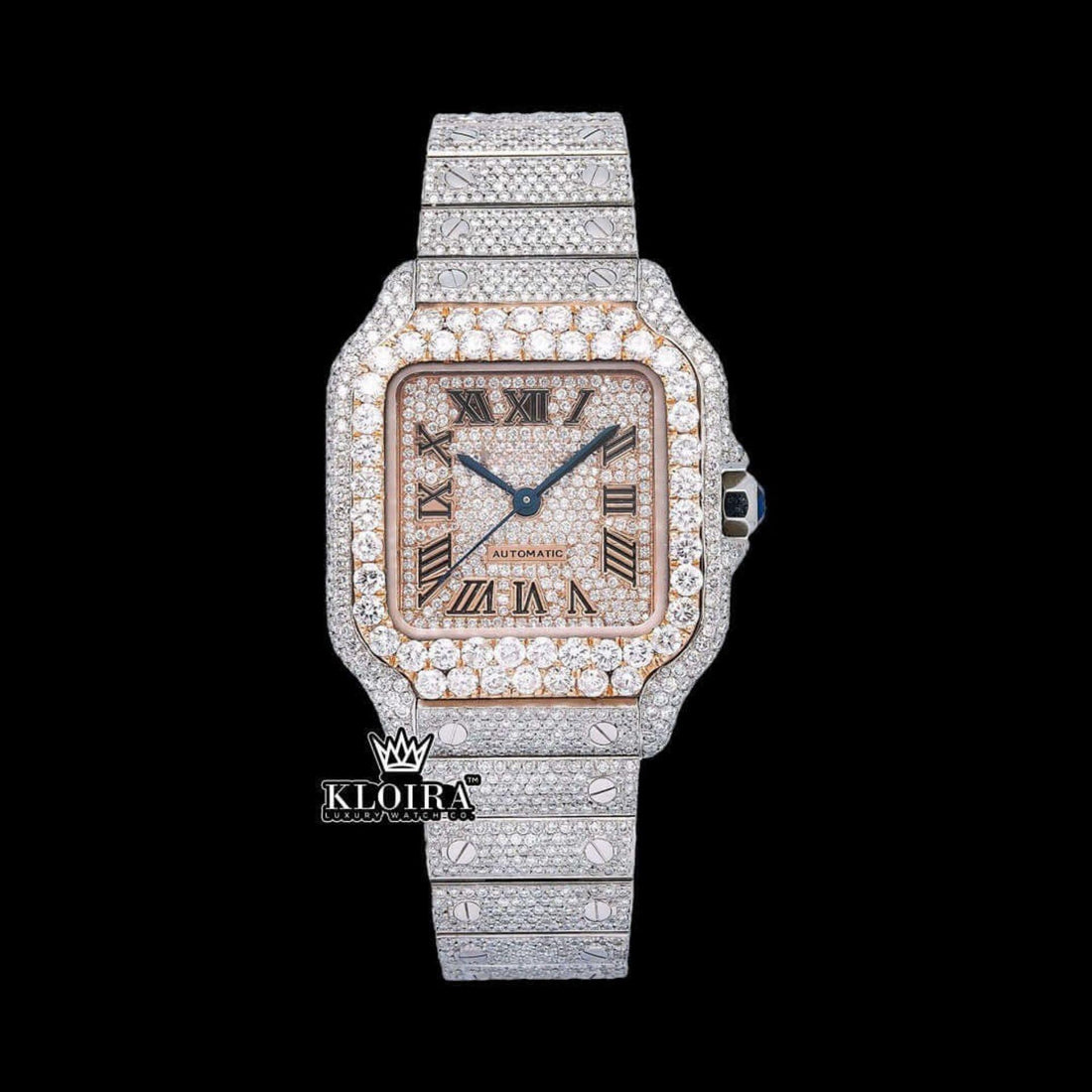 Rose Gold Roman Dial Two Tone Iced Out Lab grown Diamond Watch Front View