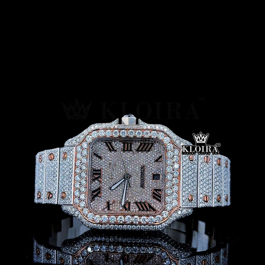 Rose Gold Roman Dial Two Tone Iced Out Moissanite Diamond Watch Front View