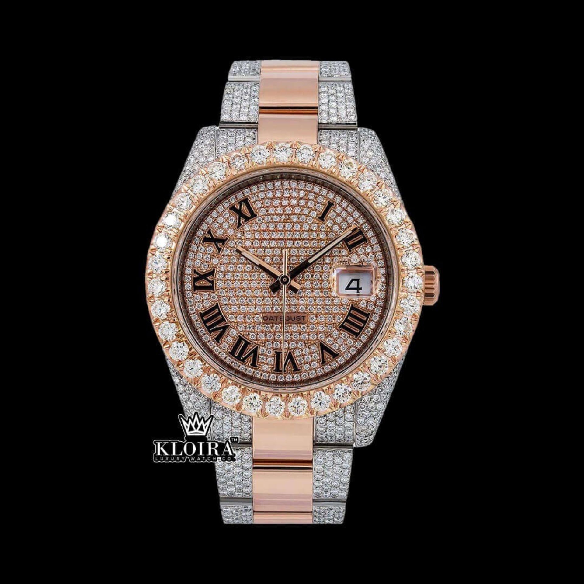 Rose Gold Round Watch Moissanite Diamond 14K Gold VVS 20 Carat 42mm Front View