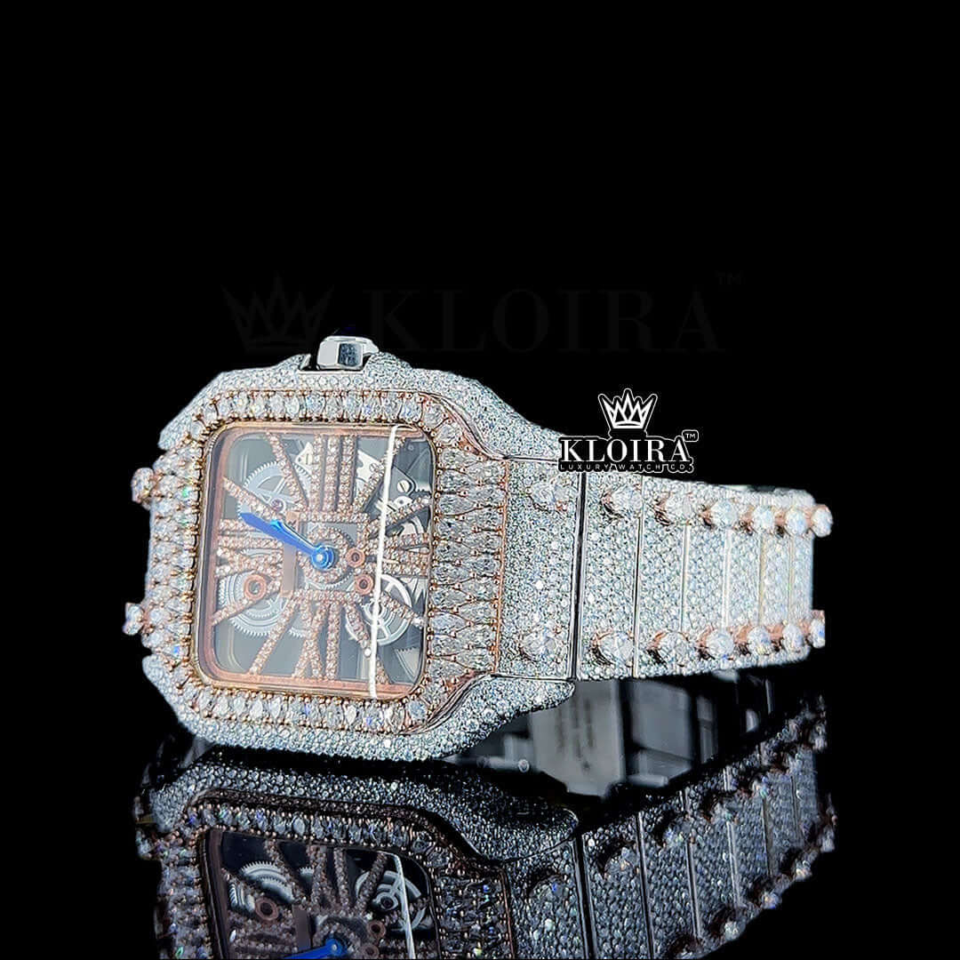 Rose Gold Skeleton Dial Two Tone Diamond Bar Strap Moissanite Watch Front View