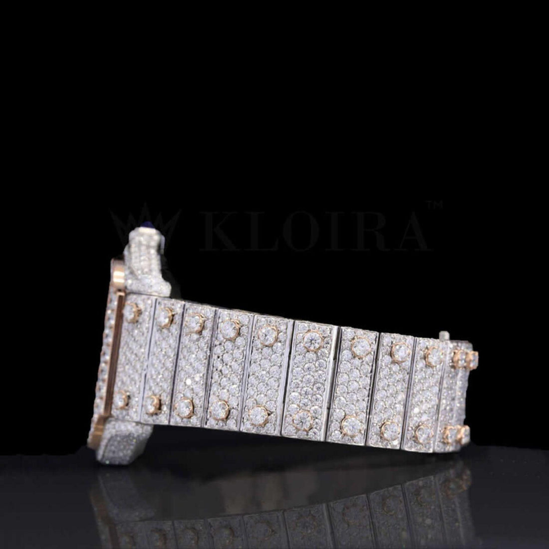 Rose Gold Skeleton Dial Two Tone Iced Out Natural Diamond Watch Front View