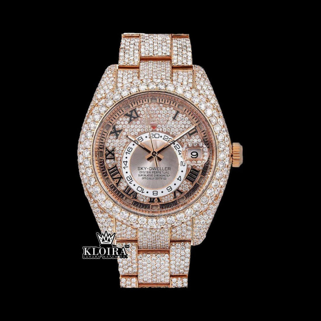 Rose Gold Sky Dweller Inspired Moissanite Diamond Watch 14K Gold VVS 20 Ct 42mm Front View