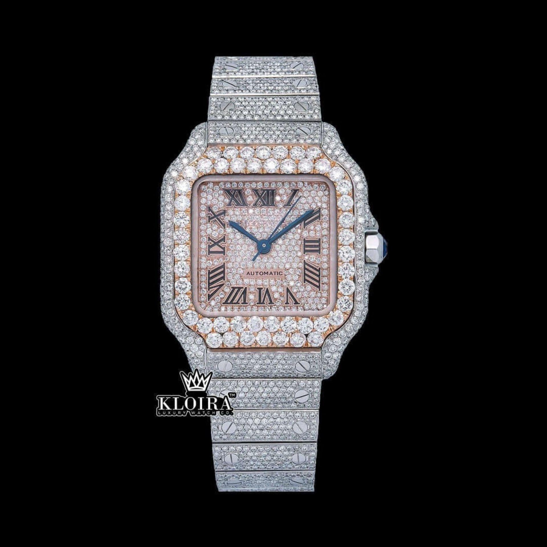 Rose Gold Square Roman Dial Two Tone Moissanite Watch Front View