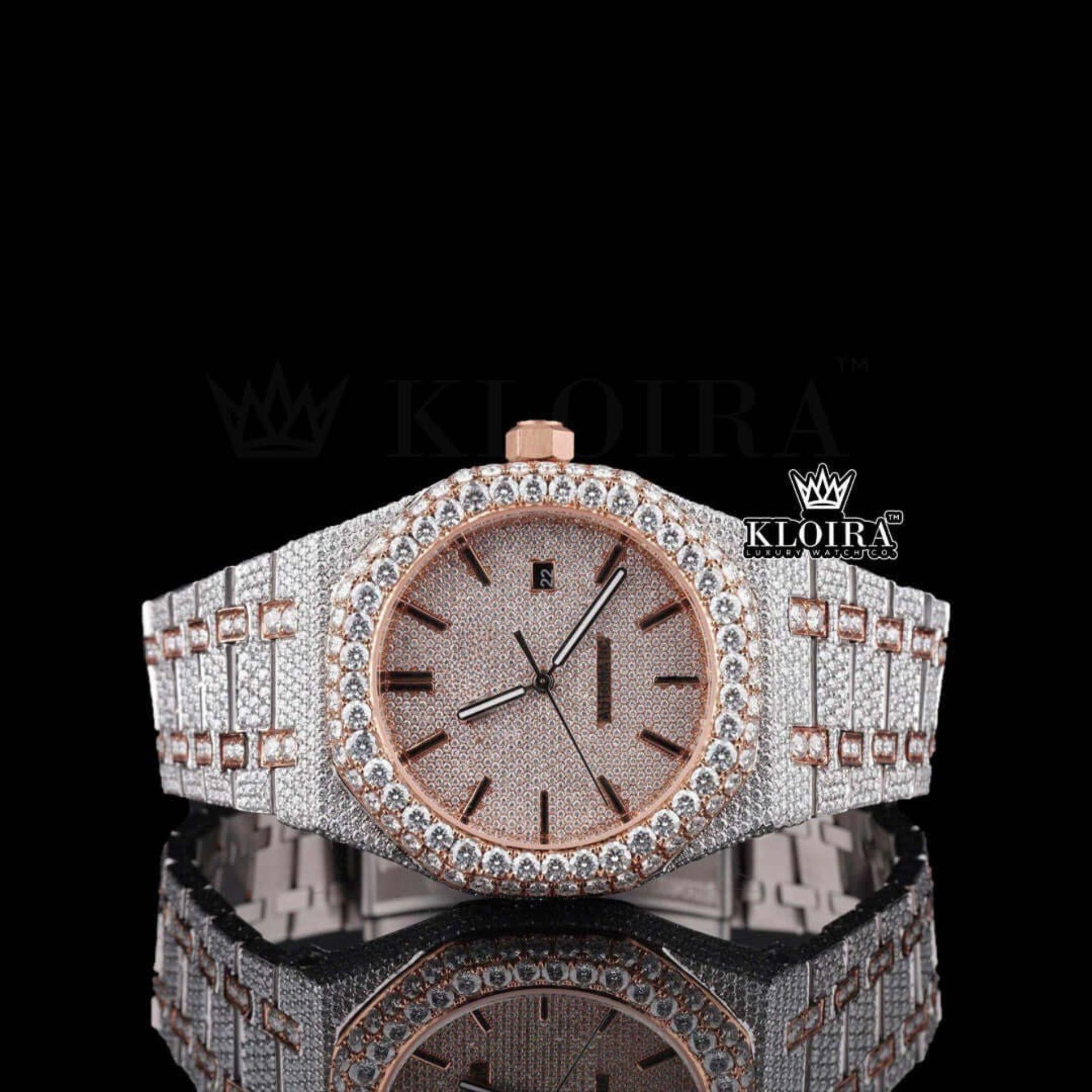 Rose Gold Stick Markers Iced Out AP Moissanite Diamond Watch Front View