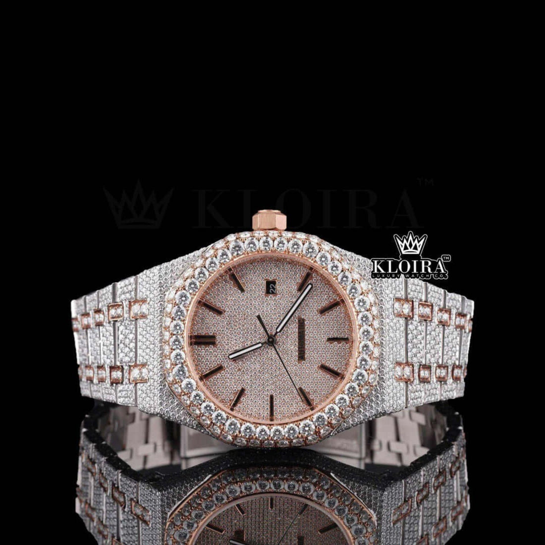 Rose Gold Stick Markers Iced Out AP Moissanite Diamond Watch Front View