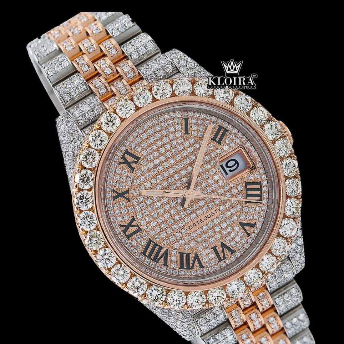 Rose Gold Two Tone Dial Black Roman Numerals Moissanite Diamond Watch Front View