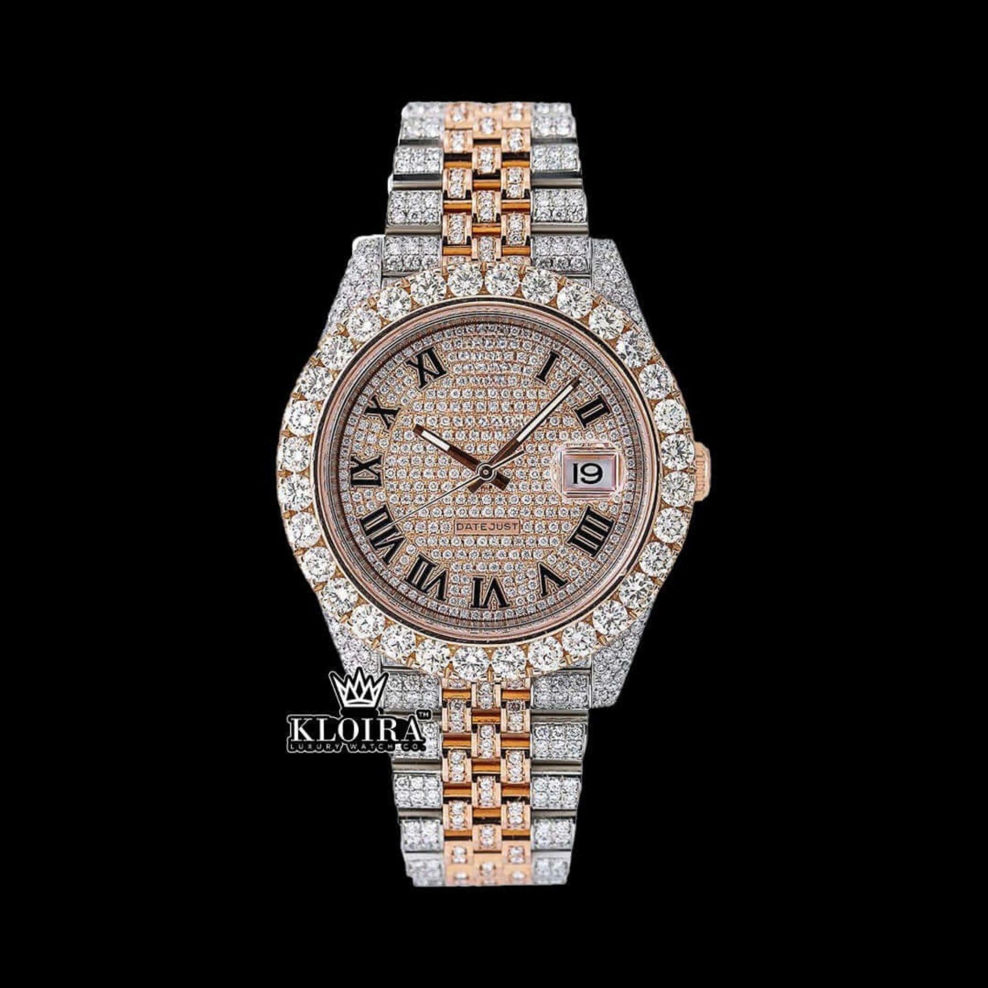 Rose Gold Two Tone Dial Black Roman Numerals Moissanite Diamond Watch Front View