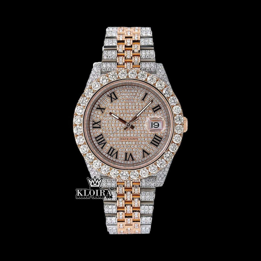 Rose Gold Two Tone Dial Black Roman Numerals Moissanite Diamond Watch Front View