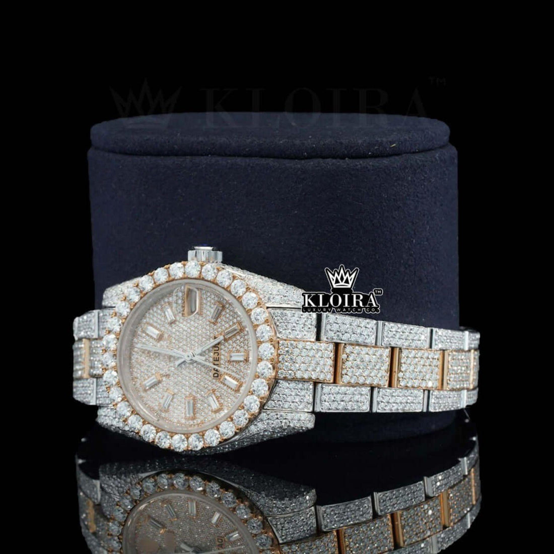 Rose Gold Two Tone Dial Diamond Markers Moissanite Diamond Watch Front View