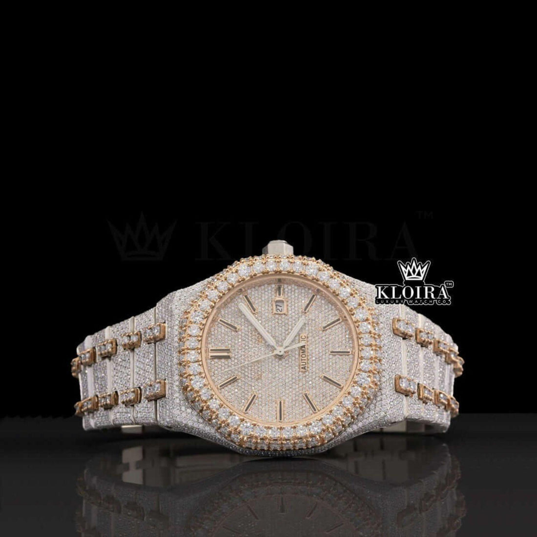 Rose Gold Two Tone Fully Iced Out Moissanite Diamond Watch Front View