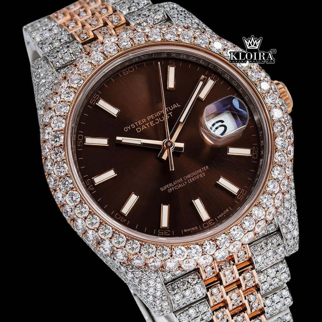 Rose Gold Two Tone Iced Out Brown Dial Moissanite Diamond Luxury Watch Front View