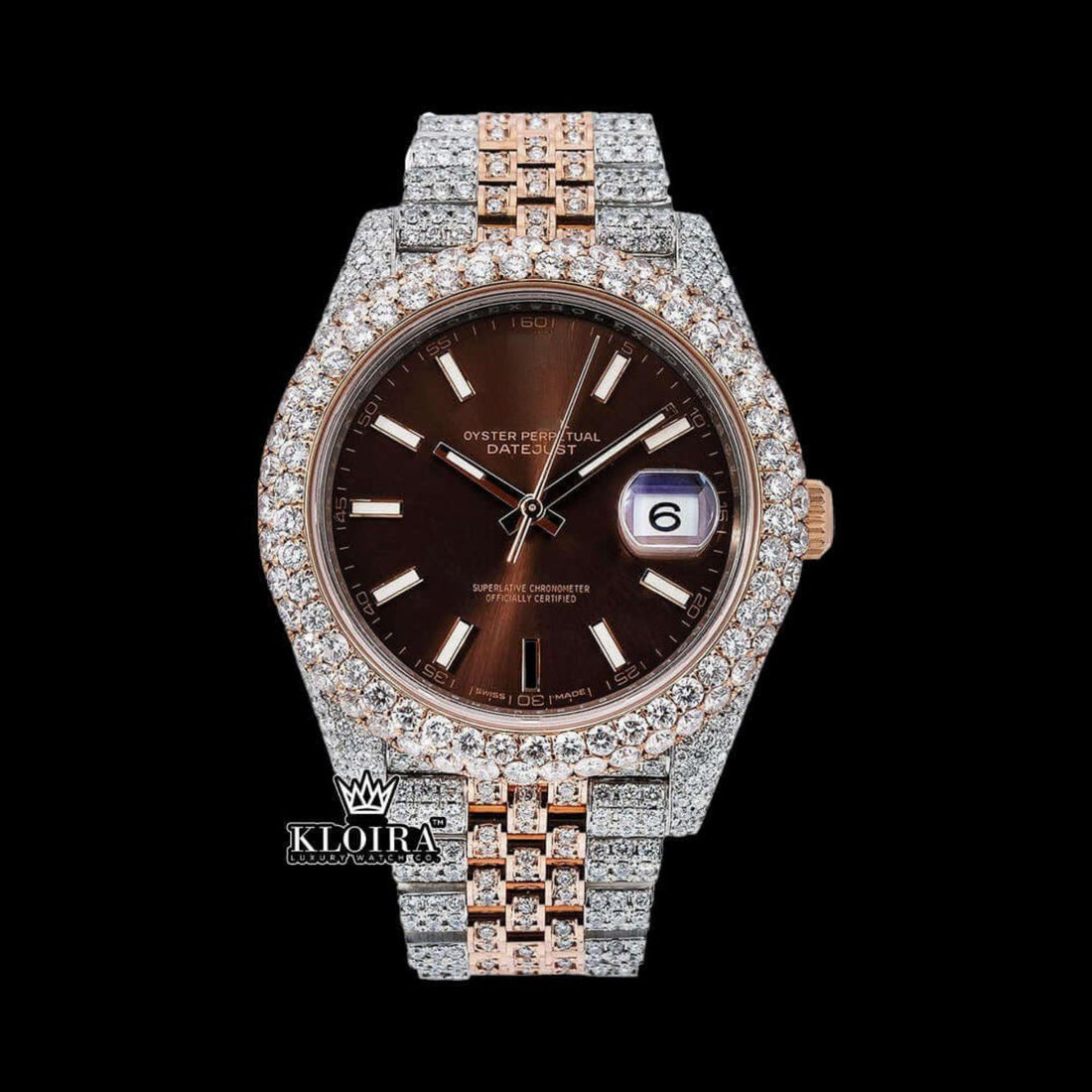 Rose Gold Two Tone Iced Out Brown Dial Moissanite Diamond Luxury Watch Front View