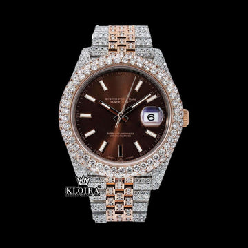 Rose Gold Two Tone Iced Out Brown Dial Moissanite Diamond Watch Front View