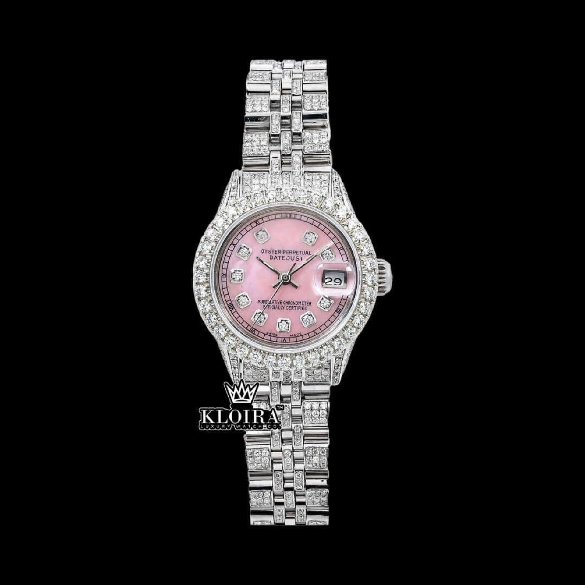Rose Pink Dial Diamond Markers Moissanite Diamond Watch Front View