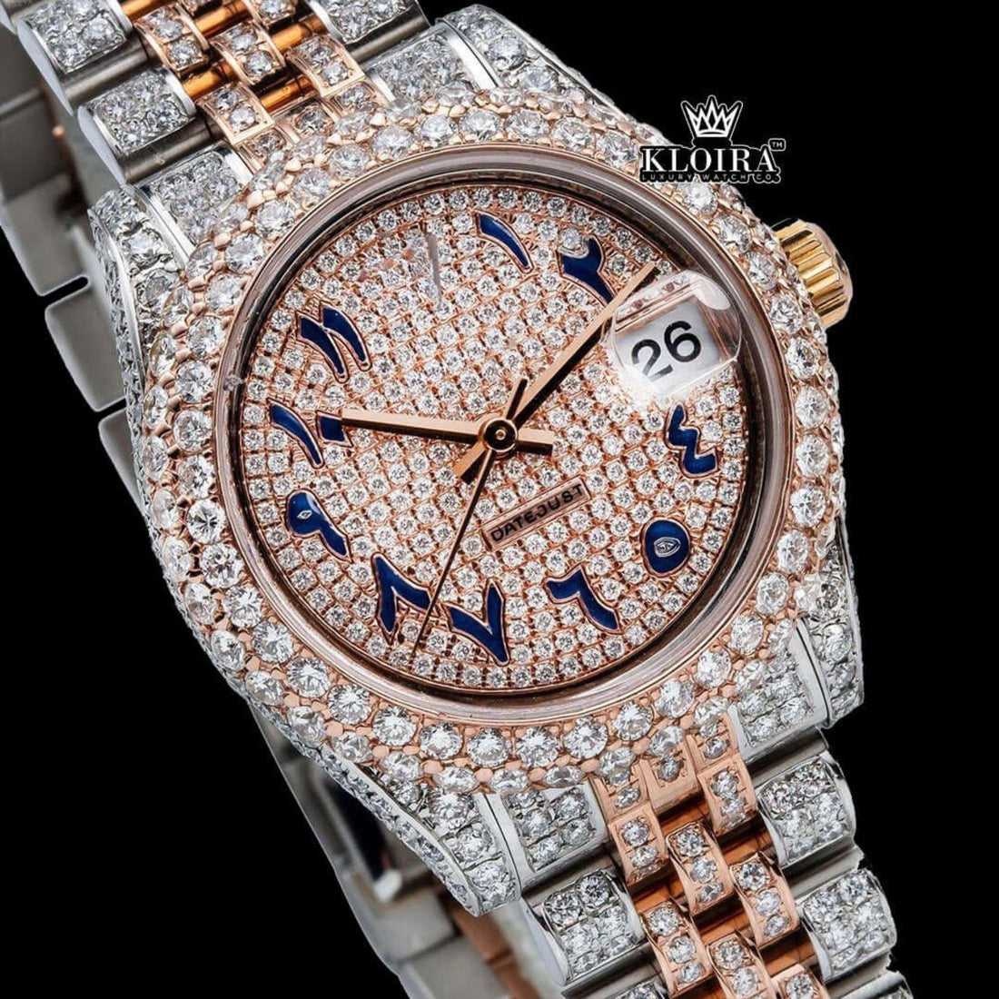 Rose gold Dial Blue Arabic Numerals Two Tone Iced Moissanite Diamond Watch Front View