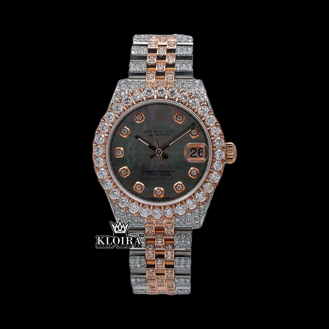 Black Mother Pearl Rolex Moissanite Watch with 14K gold and VVS diamonds, 42mm, luxury timepiece with sophisticated design.