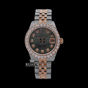 Black Mother Pearl Rolex Moissanite Watch with 14K gold and VVS diamonds, 42mm, luxury timepiece with sophisticated design.