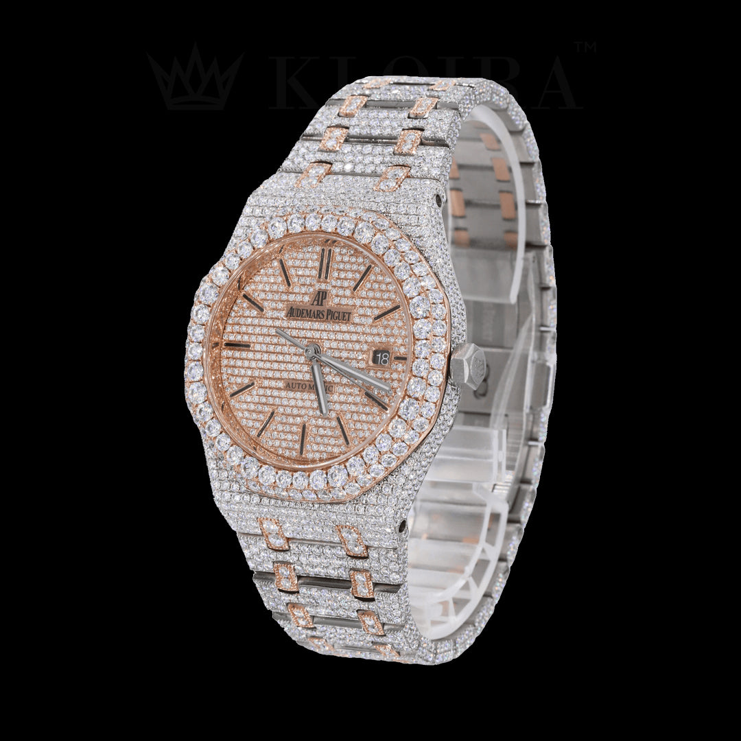 Rosette Royal Oak Rose Moissanite Diamond Watch 14K Gold VVS 29 Carat 41mm Front