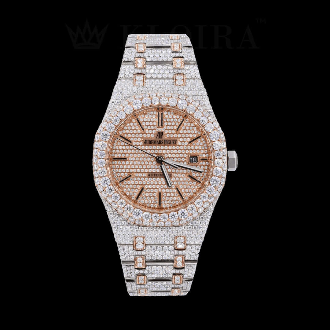 Rose Dial Two Tone AP Fully Iced Out Moissanite Diamond Watch with 29 carats of diamonds and flyback chronograph.