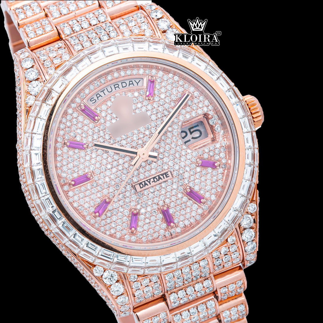 RosyGlimmer Moissanite Diamond Watch 14K Gold VVS 20 Carat 42mm Front