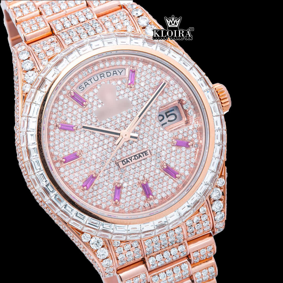 RosyGlimmer Moissanite Diamond Watch 14K Gold VVS 20 Carat 42mm Front