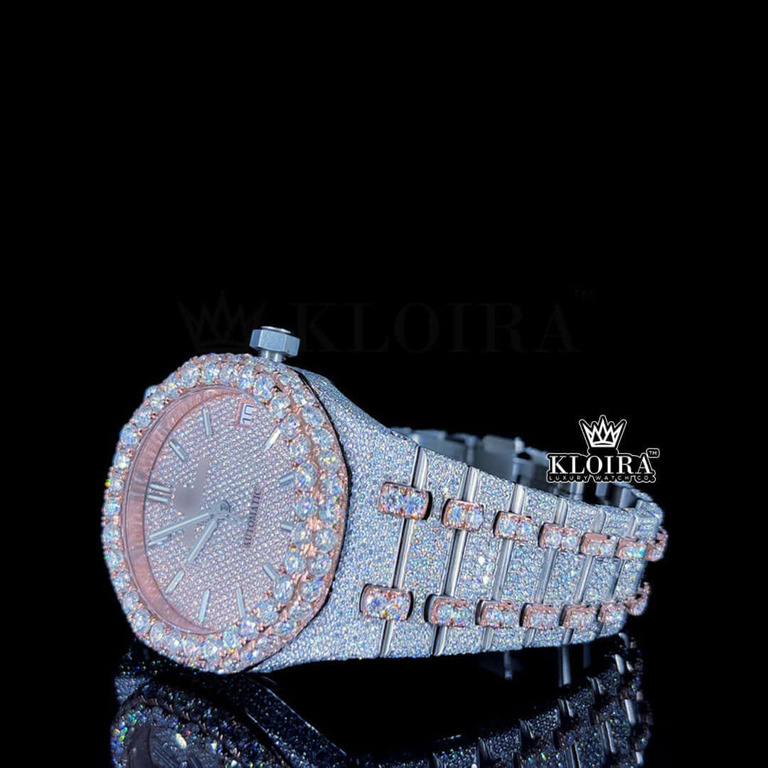 Women's AP rose gold dial fully iced out moissanite watch, featuring 3230 gems and chic design.