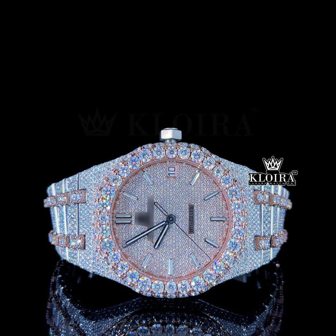 Rosy Royal Oak Moissanite Diamond Watch 14K Gold VVS 30 Carat 41mm Front